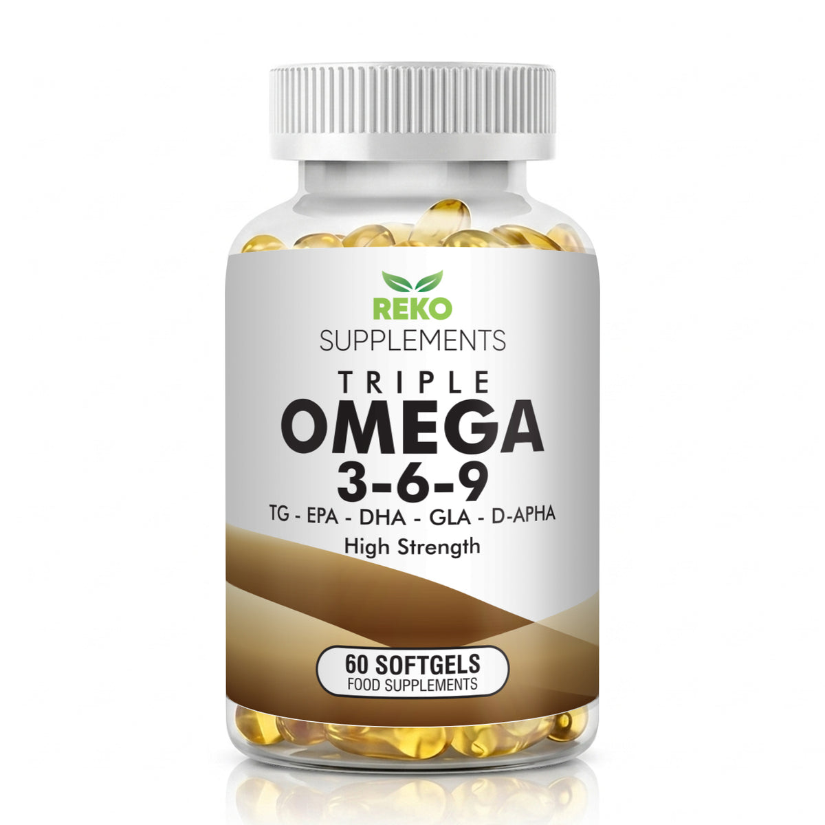 Reko Supplements Triple Omega 3-6-9 60 Softgels product bottle with benefits